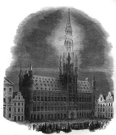 Brysselin kaupungintalon valaistus 26. syyskuuta 1864 Belgian Alankomaiden herruudesta vapauttaneiden taistelujen vuosipäivänä. M.D.A.:n luonnoksesta. Kaiverrus kirjaan "The Illustrous Universe" tekijältä French School