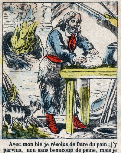 Kuvitus Daniel Defoen kirjaan (De foe) "" Robinson Crusoe"". Epinaalikuvaus 1800-luvun lopulta. tekijältä French School