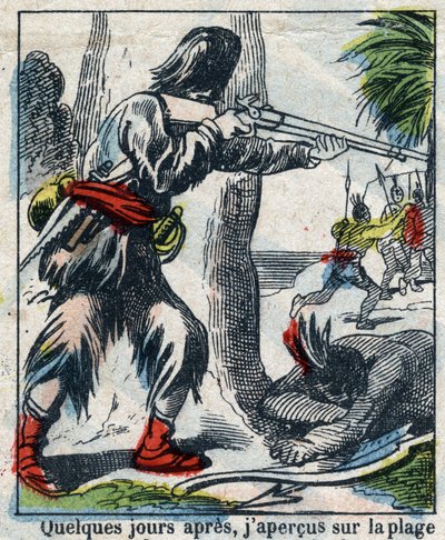 Kuvitus Daniel Defoen kirjaan (De foe) "" Robinson Crusoe"". Epinaalikuvaus 1800-luvun lopulta. tekijältä French School