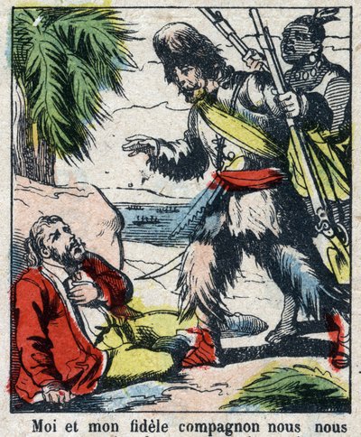 Kuvitus Daniel Defoen kirjaan (De foe) "" Robinson Crusoe"". Epinaalikuvaus 1800-luvun lopulta. tekijältä French School