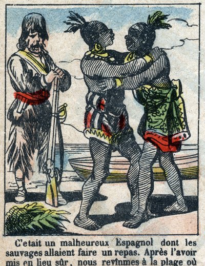 Kuvitus Daniel Defoen kirjaan (De foe) "" Robinson Crusoe"". Epinaalikuvaus 1800-luvun lopulta. tekijältä French School