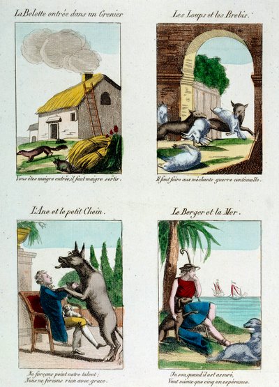Kuvataulu Jean de La Fontainen taruille (1621-1695): lumikko tuli ullakolle, sudet ja lampaat, aasi ja koira, paimen ja meri. Kaiverrus tekijältä French School