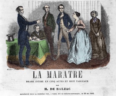 Kuvitus "" La Maratre" -draamalle viidessä näytöksessä ja kahdeksassa maalauksessa, jonka on kirjoittanut Honore de Balzac. tekijältä French School
