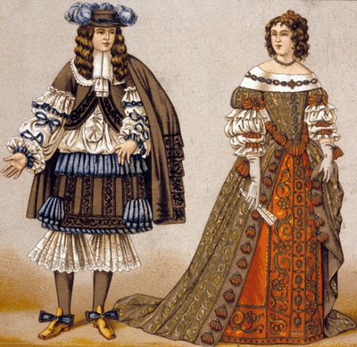 Kuvitus hahmoille Alcestelle ja Celimenelle Molieren näytelmässä "Misantrooppi" (värinen kaiverrus) tekijältä French School