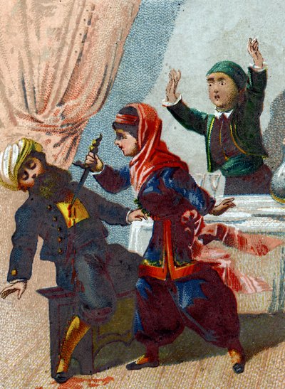 Kuvitus Tuhannen ja yhden yön tarinoihin. Kapteeni naamioituu uudelleen ja palaa Ali Baban (Ali baba) luo, mutta Morgiane tunnistaa hänet ja puukottaa häntä tanssin aikana. Kromolitografia noin 1890. tekijältä French School