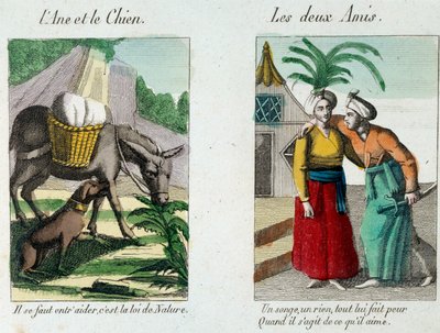 Kuvitus Jean de la Fontainen (1621-1695) taruihin: vasemmalla "" Aasi ja koira""" oikealla "" Les deux amis""" Kaiverrus 1800-luvulta. Musee La Fontaine, Chateau Thierry tekijältä French School