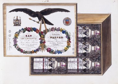 Kuvitus eau de Cologne -pakkauksesta, n. 1825 (akvarelli ja bodycolour) tekijältä French School
