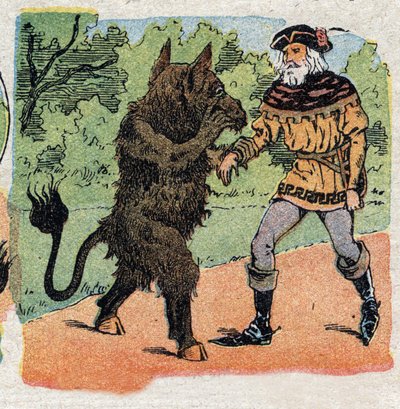 Kuvitus tarinaan "Kaunotar ja Beet": Bete kysyy ruusua poimivalta kauppiaalta hänen vai jonkun tyttärensä elämää. Kaiverrus Quinnin kuvista, noin 1890. tekijältä French School