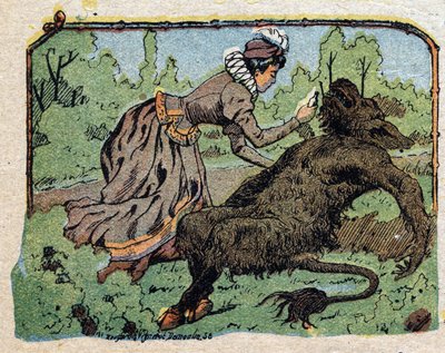 Kuvitus tarinaan "Kaunotar ja Beet": kaunis elvytti beten pyörtyi kivusta, kun tämä kieltäytyi ehdottamasta avioliittoa. Kaiverrus Quinnin kuvista, noin 1890. tekijältä French School