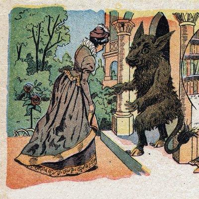 Kuvitus tarinalle "La Belle et la Bete": kaunis saapuu Beten linnaan. Kaiverrus Quinnin kuvista, noin 1890. tekijältä French School