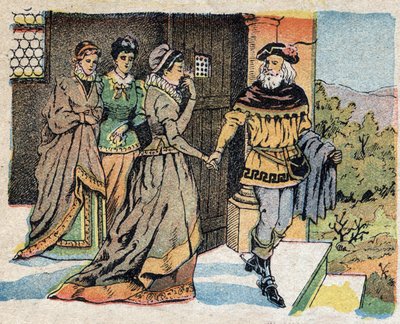 Kuvitus tarinaan "La Belle et la Bete": matkalle lähtevä kauppias sanoi hyvästit kolmelle tyttärelleen ja lupasi heille lahjan palattuaan. Kaiverrus Quinnin kuvista, noin 1890. tekijältä French School
