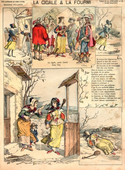 Kuvitus La Fontainen satuihin "Sirkka ja muurahainen", kaiverrus, noin 1890. tekijältä French School