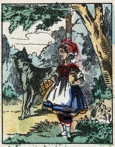 Kuvitus Charles Perraultin tarinasta "Punahilkka". Puukaiverrus Imaging Pellerinistä - Epinal, sd. 1800-luvun loppu. tekijältä French School