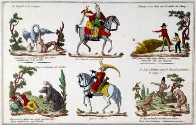 Kuvalevy Jean de La Fontainen (1621-1695) taruille: Kettu ja haikara, kiinalainen kävelevä, karhu ja puutarhan rakastaja, kiinalainen upseeri. Kaiverrus tekijältä French School