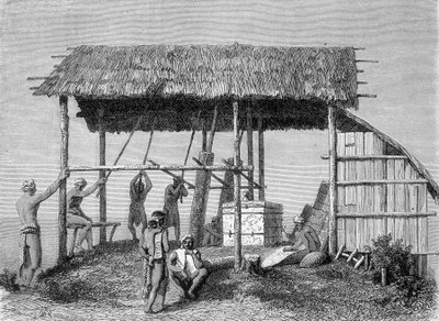 "Le Tour du monde" -lehden vuoden 1862 painoksessa julkaistu kuva, joka kuvaa seppiä dayakeissa Borneon saarella. Kaiverrus. tekijältä French School