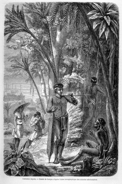 Vuonna 1862 julkaistussa "Le Tour du monde" -teoksessa julkaistu kuvitus, joka kuvaa Borneon saarella asuvaa dayakia. Kaiverrus. tekijältä French School