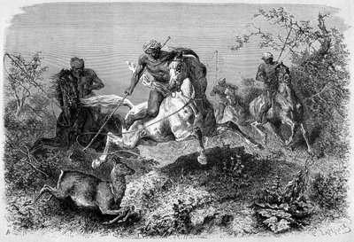 "" Le Tour du monde" -julkaisussa vuosilta 1870 - 1871 julkaistu kuvitus kuvaa dyakia metsästämässä Borneon saarella. Kaiverrus. tekijältä French School