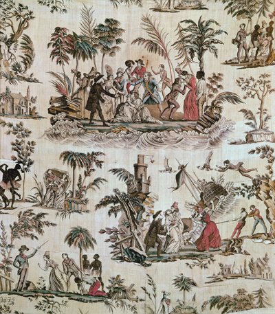Kuvia tapahtumista romaanista Paul et Virginie, Toile de Nantes, n. 1800 (painettu puuvilla) tekijältä French School