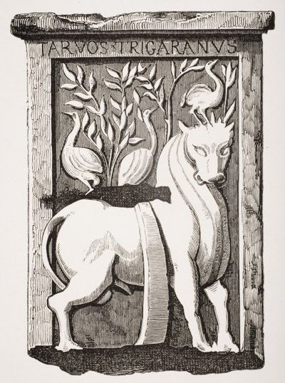 Kuva Holy Ox Celtic -monumentista, joka löydettiin Pariisin Notre Damen katedraalin kuoron alta vuonna 1711, Paul Lacroixin (1806-84) Le Moyen Age et La Renaissance -teoksesta, julkaistu 1847 tekijältä French School