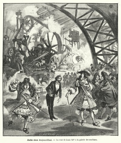 Kuningas Ludvig XIV:n ja hänen hovinsa kuviteltu vierailu Pariisin Exposition Universelle -näyttelyn koneiden paviljonkiin vuonna 1889 (kaiverrus) tekijältä French School