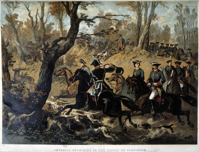 Keisarinna Eugenie ja Napoleon III: Metsästyskohtaus Compiegnessa tekijältä French School