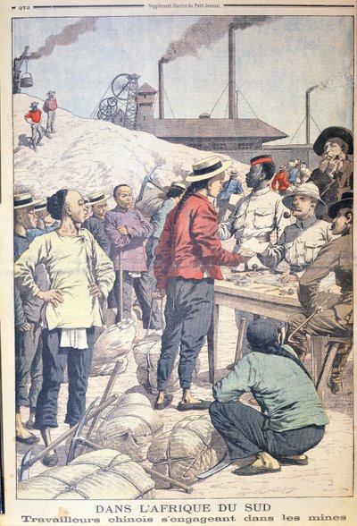 Kiinalaisten työläisten tuonti Etelä-Afrikan kultakaivoksille vuonna 1904, kuva Le Petit Journalista, 1904 tekijältä French School