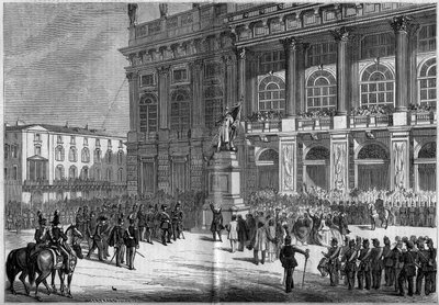 Vincenzo Velan (1820-1891) Sardinian muistomerkin avajaiset Chateau-aukiolla Torinossa (Italia) 10. huhtikuuta 1859. Patsaan takana on "Palazzo Madama". Perustuu herra Ferryn luonnoksiin. Kaiverrus "" Le Monde Illustré" -julkaisussa nro 106, 23. huhtikuuta tekijältä French School