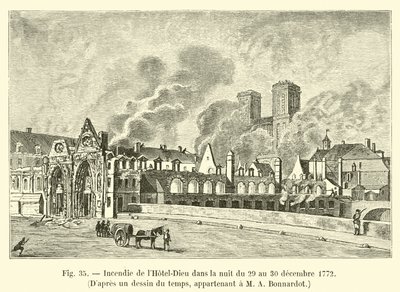 Tuli Hôtel-Dieussa yöllä 29. ja 30. joulukuuta 1772, M A Bonnardotille kuuluvan ajan piirtämisen jälkeen. tekijältä French School