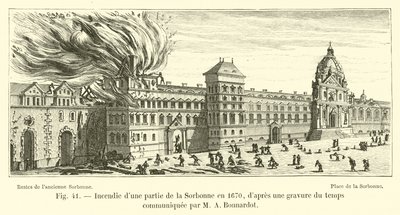 Tulipalo osassa Sorbonnea vuonna 1670, M A Bonnardotin ilmoittamasta kaiverruksesta tekijältä French School