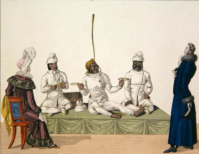 Intialaiset jonglöörit suorittamassa tasapainoilua, levy 87 "le Bon Genre", n. 1810 (värikaiverrus) tekijältä French School