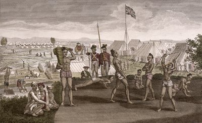 Intiaanisoturit harjoittelemassa näkymänä Englannin asukkaiden leiriin, n. 1810 tekijältä French School
