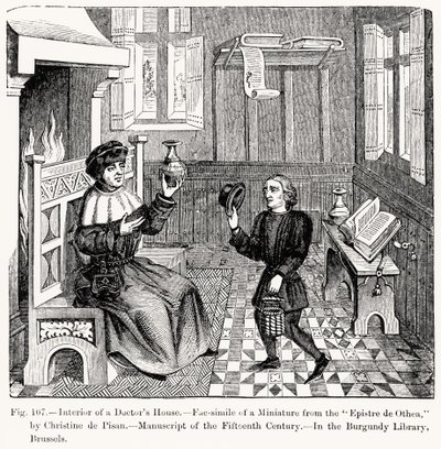 Tohtoreiden talon sisustus, Christine de Pisanin Epistre dOtheasta, kuvitus tieteestä ja kirjallisuudesta keskiajalla ja renessanssilla, kirjoittanut ja kaivertanut Paul Lacroix, 1878 (kaiverrus) tekijältä French School