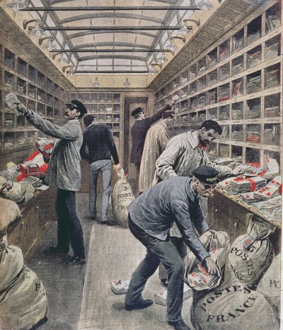 Ranskalaisen rautatien postivaunun sisustus Ranskan postilakon aikaan vuonna 1909, kuva Le Petit Journalista, 28. maaliskuuta 1909 tekijältä French School