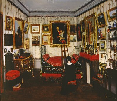 Huoneen sisustus, jossa on nainen maalaus, 1850 tekijältä French School