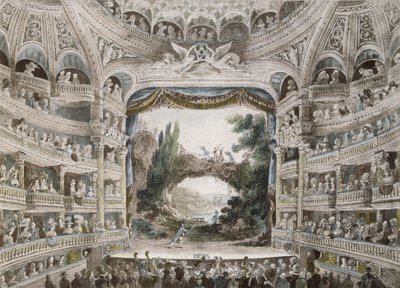 Comedie Francaise -teatterin sisustus vuonna 1791 alkuperäisen akvarellin jälkeen tekijältä French School