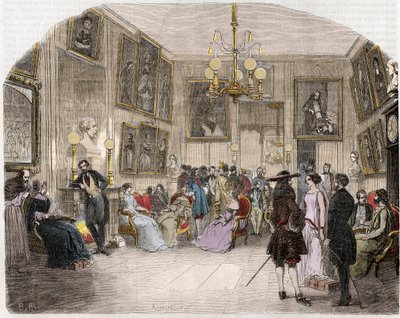 Kasvihuoneen sisäkuva (Comedie Francaise Pariisissa) - Sisäkuva taiteilijoiden aulassa - Comedie Francaise - Kaiverrus "Tableau-de-Paris" -kirjoituksesta Edmond Texier 1852 tekijältä French School