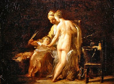 Sisätila, jossa nainen kylvyssä, noin 1800 (öljy paneelille( tekijältä French School
