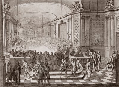 Sisäkuva Jacobins Hallista Nantesissa Bretagnen yhdysvaltojen hallinnan aikana vuonna 1764. tekijältä French School