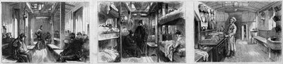 Sisäkuva ranskalaisen Societe de secours aux wesses militairesin lääketieteellisen junan ambulanssivaunusta ja keittiövaunusta. Kaiverrus "" Le Monde Illustré" -julkaisussa nro 846, 28. kesäkuuta 1873. tekijältä French School