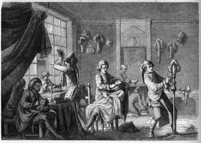 Ludvig XV:n (1700-luku) aikainen ranskalaisen peruukin myymälän sisäkuva. Kaiverrus Dargent tekijältä French School