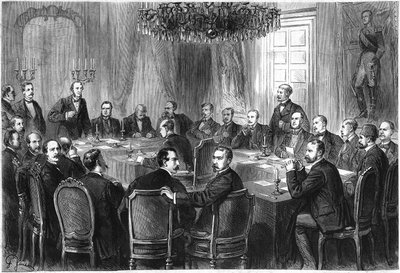 Kansainvälinen sotakongressi, Bryssel, heinä-elokuu 1874: 15 Euroopan valtion edustajat kokoontuvat keskustelemaan luonnoksesta kansainväliseksi julistukseksi sodan laeista ja tavoista. Kaiverrus "" Le Monde Illustré" -julkaisussa nro 908, 5. syyskuuta tekijältä French School