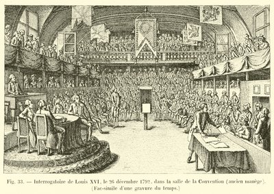 Ludvig XVI:n kuulustelu 26. joulukuuta 1792 Salle de la Conventionissa, entisessä ratsastuskoulussa, faksimile aikaisesta kaiverruksesta tekijältä French School