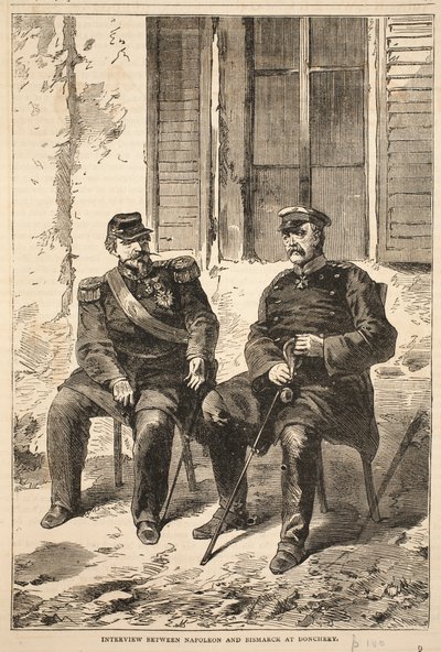 Napoleonin ja Bismarckin haastattelu Doncherryssä, kuva Cassellsista Ranskan ja Saksan välisen sodan historia, 1870-1871 tekijältä French School
