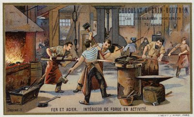 Rauta ja teräs. Vilkkaan sepän sisätilat (chromolitho) tekijältä French School