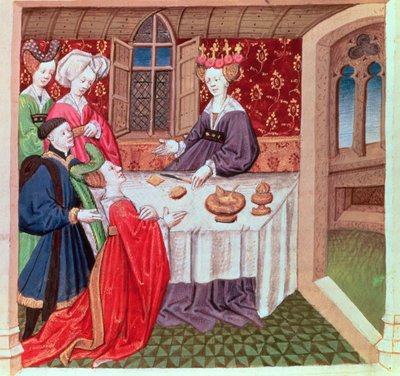 Isolde rukoilee kuningatar Guineveren suojelua, Roman du Chevalier Tristan tekijältä French School