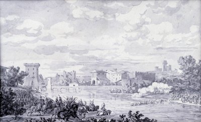 Italian maaseutu: Ranskan armeija ohitti Mincio-joen Borghettoon vuonna 1796. Anonyymi piirros. Pariisi, Louvren museo tekijältä French School