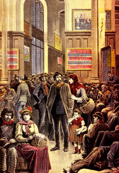 Italialaiset emigrantit Pariisissa Gare Saint Lazaren rautatieasemalla maaliskuussa 1896 (kaiverrus) tekijältä French School