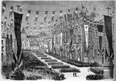 Italian yhdistyminen, Torino, 2. huhtikuuta 1860: Linna-aukion (Piazza Castello) koristelu Italian parlamentin avajaisten yhteydessä. Kaiverrus "" Le Monde Illustré" -julkaisussa nro 157, 14. huhtikuuta 1860. tekijältä French School
