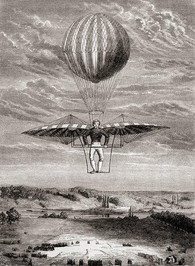 Jacob Degenin vuonna 1808 valmistama läppäventtiileillä varustettu ornithopteri, jossa lentäjä seisoi jäykällä kehikolla ja käytti siipiä liikkuvan vaakapalkin avulla, noin vuonna 1870 julkaistusta teoksesta "Les Merveilles de la Science" (litografia). tekijältä French School