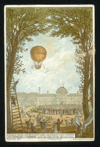 Jacques Charles ja Marie-Noel Robert nousevat ensimmäisen vetypallolla, Pariisi, 1. joulukuuta 1783 tekijältä French School